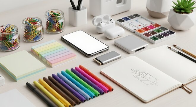 Organized Workspace Colorful Stationery, Phone and Notebook