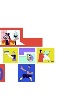 Innovation, tech and communication bento grid vertical animation. Robot AI. VR glasses. Programmer scientist collage motion 4K video web design. Animated cartoon characters collection mood board