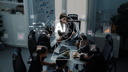 A dynamic office meeting scene with professionals engaging in discussion, enhanced by an overlay of...