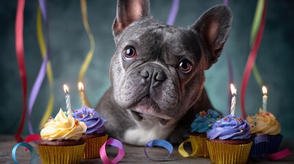Celebrating a special birthday with a blue French Bulldog and colorful cupcakes adorned with candles