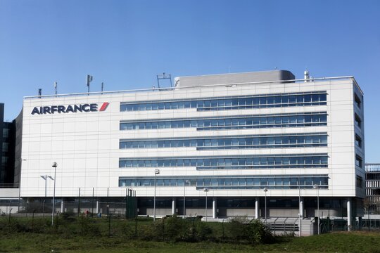 Roissy-en-France, France - April 5, 2025: Air France office building at Paris Charles de Gaulle airport. Air France is the flag carrier of France, and is headquartered in Tremblay-en-France	