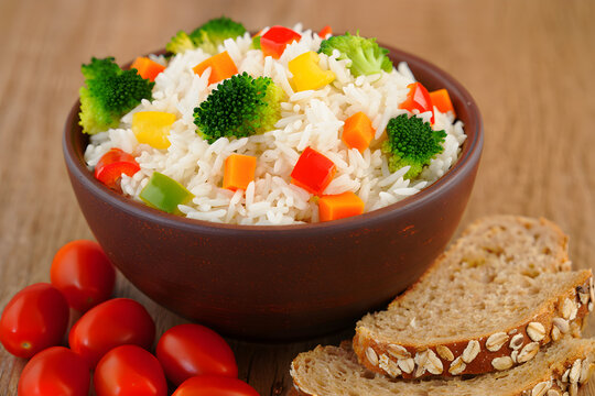 Brown bowl of white rice with broccoli bell peppers and carrots next to cherry tomatoes and whole grain bread slices on a wooden surface - Powered by Adobe