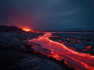 Naklejka premium Bright molten lava stream flowing over dark volcanic rocks in dramatic scenery