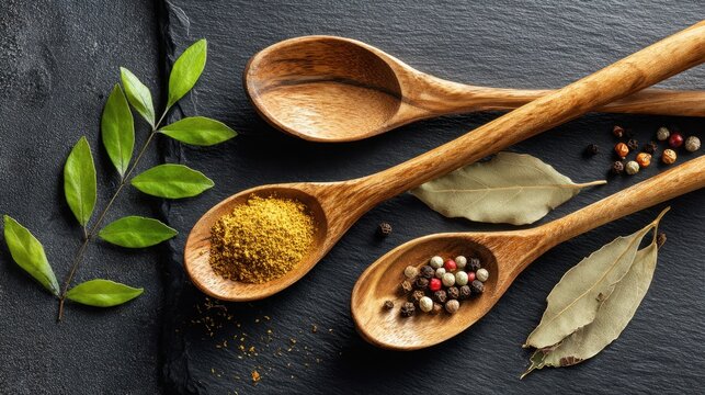 Spices and herbs are artfully arranged on wooden spoons against a textured slate background.