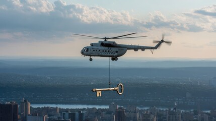 Helicopter lifts a giant key above a cityscape at sunset, showcasing a surreal moment in the sky