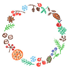 Christmas holiday spices round frame border background like Christmas wreath. Cinnamon, red berry, branch. Crayon, pastel chalk or pencil kids hand drawing doodle funny style. Cartoon simple vector
