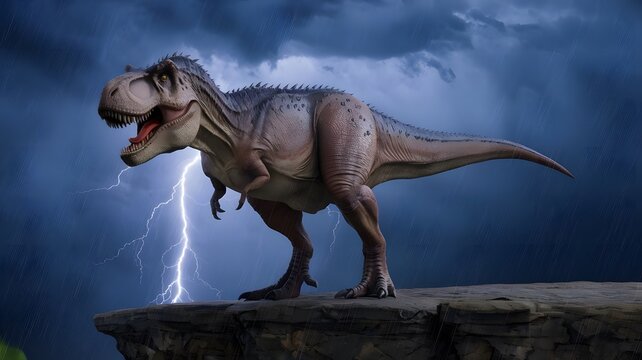 A photo of a Tyrannosaurus rex standing on a rocky cliff during a thunderstorm.