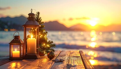 Warm Glow of a Lantern and Christmas Decorations on a Beach at Sunset. Reflecting the Peace of Eastern Christian Christmas