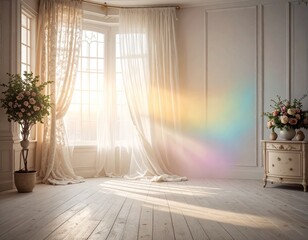 レースのカーテンと虹色の光