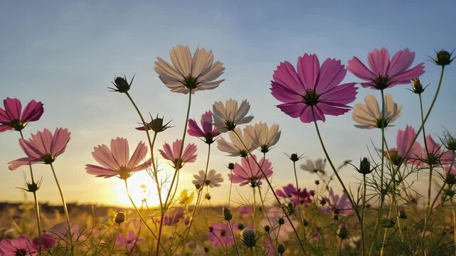 Delicate cosmos flowers bloom at sunset with golden light illuminating the field and soft sky