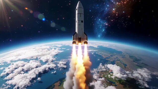 Majestic rocket launch ascent from Earth's atmosphere into starry cosmos with vibrant exhaust flames