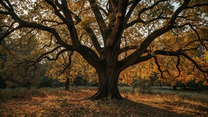Naklejka premium Grove of oak trees by autumn forest