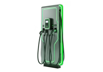 Sleek EV charger boasts futuristic design with glowing green accents for eco conscious drivers