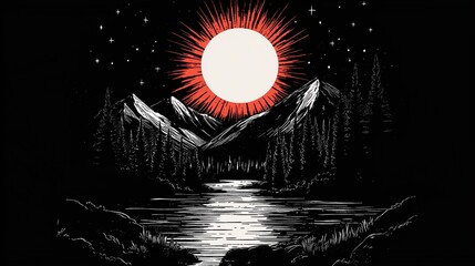 Monochrome Engraving-Style Landscape with Mountains, Forest, Lake, and a Red Sun