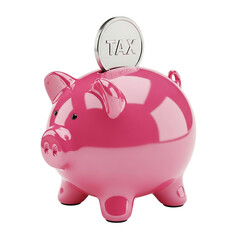 A pink piggy bank with a silver tax coin being inserted on a black background studio shot close up view on transparent background