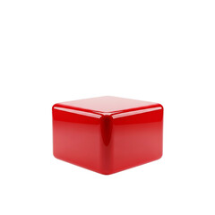 A shiny red cube with rounded edges isolated against a solid black background in a studio setting on transparent background