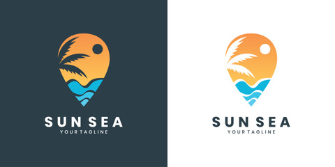 Sun and ocean wave logo design with pin location.