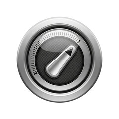 A close up shot of a metallic dial with a pointer and scale against a black background image display on transparent background