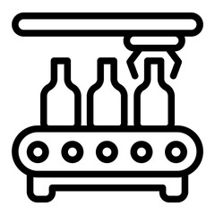 Conveyor with bottles and robotic arm claw line icon, manufacturing concept, factory belt bottling sign on white background, outline style for mobile web design. Vector graphics.