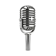 A shiny vintage microphone isolated on a black background showing its intricate design and reflections on transparent background