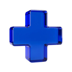 A blue plus sign made of glass with a black background and visible light reflections on the edges on transparent background