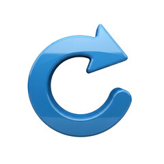 A shiny blue curved arrow pointing to the right on a black background in a digital rendering on transparent background