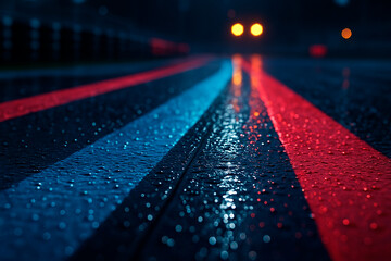 Wet racetrack with neon reflections at night
