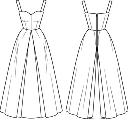 Technical flat sketch, formal pleated dress with structured cups and thin straps, full length gown, front and back view, fashion illustration
