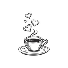 Steaming coffee cup with hearts and coffee beans