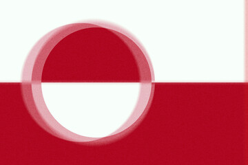 A minimalist composition showcasing a bold red and white color scheme bisected horizontally, featuring a translucent circle overlay that adds depth and visual interest to the abstract