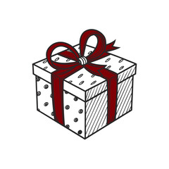 Hand drawn gift box with red ribbon and festive patterns