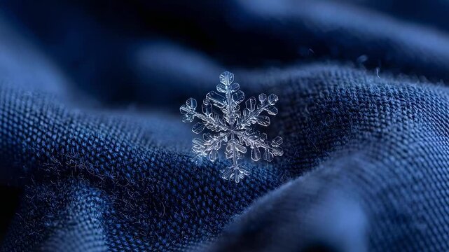 A crystal snowflake resting on dark blue fabric, captured in a close-up shot.