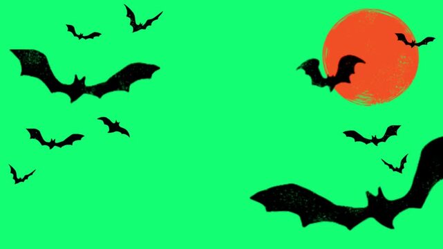 Spooky bats fly across a bright green sky as a big orange moon rises, perfect for Halloween themed content and scary promotions this October