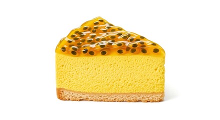 &ldquo;cartoon realistic slice of mousse de maracuj&aacute; with passion fruit seeds and glossy topping, bright yellow tones, isolated on white background with open space around&rdquo;