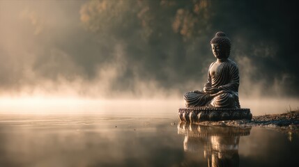 Serenity by the water with a meditative buddha at dawn's soft light