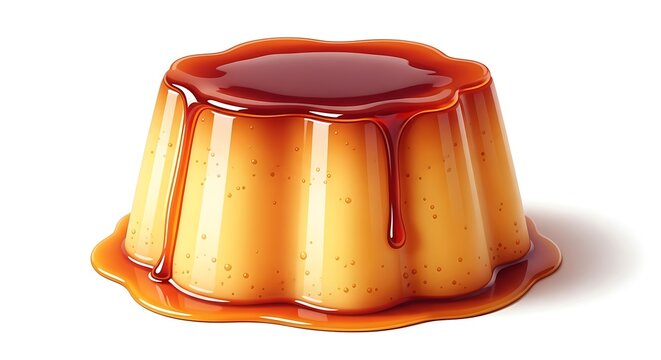 &ldquo;realistic cartoon pudim de leite with perfect caramelized top, rich golden tones and reflection, isolated on white background with soft shadow and space around&rdquo;