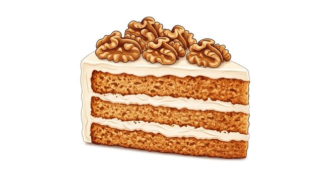 &ldquo;cartoon realistic slice of torta de nozes with cream frosting and walnut pieces, detailed textures, isolated on white background with space around&rdquo;