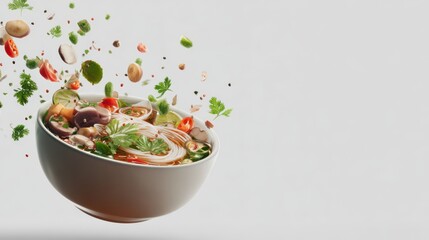 Delicious vegetables and herbs flying into a bowl of fresh noodles in a vibrant display