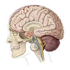 Detailed side view illustration of human brain isolated on white background, showing anatomy