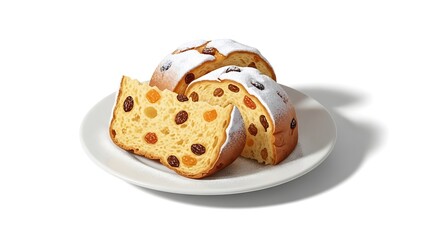 &ldquo;realistic cartoon small plate of panettone slices with powdered sugar dusting, soft texture, isolated on pure white background with natural shadow and blank space&rdquo;