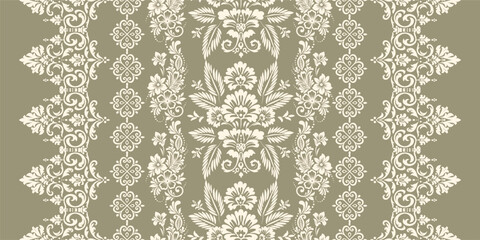 floral pattern vintage ethnic modern embroidery texture boho design vector illustration hand drawn pink flower motif branches leaves wallpaper seamless background border.	