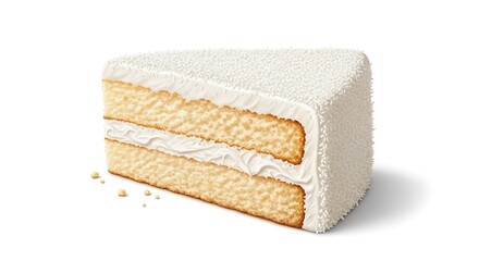 &ldquo;realistic cartoon slice of coconut cake with white frosting and grated coconut topping, isolated on clean white background with soft shadows and space around&rdquo;