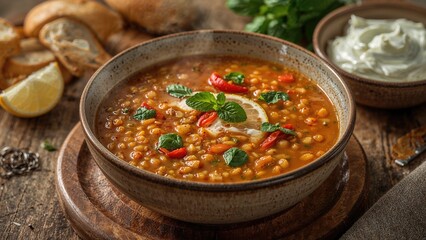 Turkish Red Lentil Soup (KÄ±rmÄ±zÄ± Mercimek Ã‡orbasÄ±) with vegetables, mint, pepper, and lemon juice. Traditional delicious Turkish food, morning soup