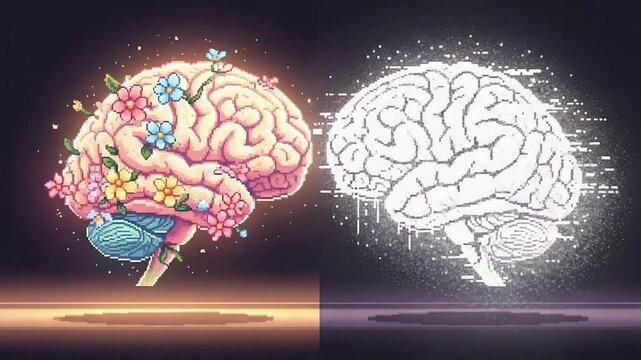 Pixel art brain health transition creative growth blooming flowers mental clarity.