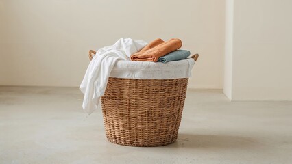 Wicker laundry basket with clean clothes on floor. Space for text