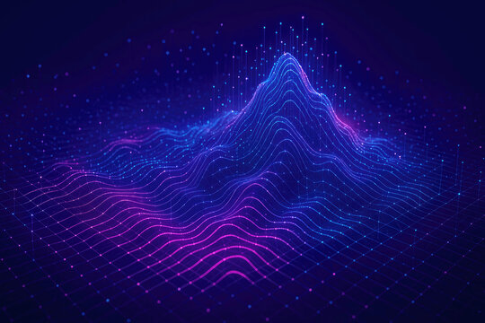 Abstract 3D digital terrain with glowing pink and blue lines and dots landscape