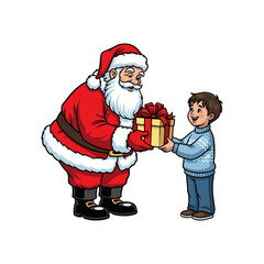 Santa Claus is handing out Christmas presents to the children.
