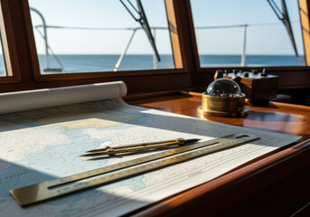 nautical navigation chart with brass compass divider and ruler on ship's wooden table overlooking calm ocean under morning sunlight © smth.design
