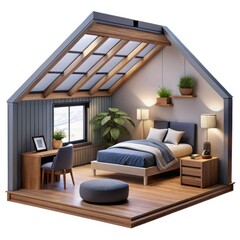 3d cozy bedroom diorama with skylight and desk