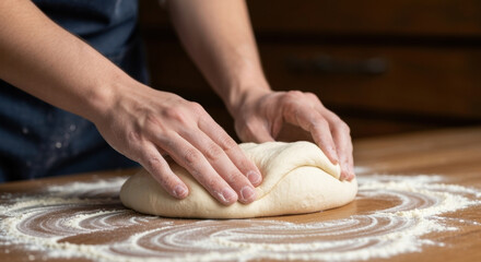 Baker kneading fresh dough by hand on floured wooden surface in kitchen, preparing for homemade bread and artisanal baking